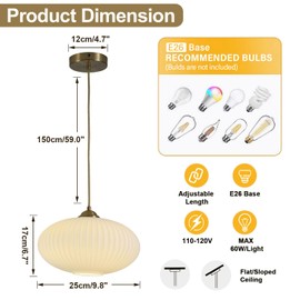 Flyrose 1-Light Large Ribbed Glass Pendant Light Antique Brass Kitchen Pendant Light Set of 2 Modern Globe Pendant Lights Vintage Gold Hanging Light Fixture 2 Pack