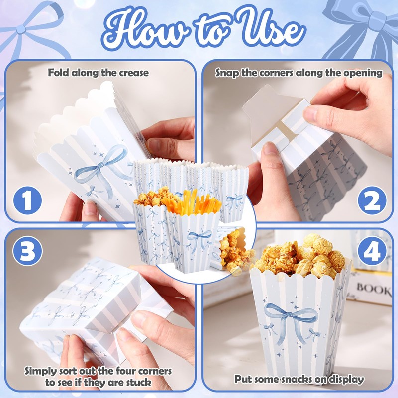 Fullhawl 24 Pcs Blue Bow Mini Popcorn Boxes Blue and
