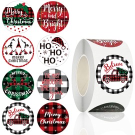 500pcs Christmas Stickers Roll 1.5 Inch Buffalo Plaid Merry Christmas Stickers Self Adhesive Christmas Holiday Stickers for Kids Cards Envelopes Seals Party Gifts Boxes Decorations
