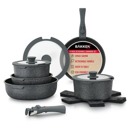 Bakken-Swiss Detachable 15-Piece Cookware Set – Granite Non-Stick – Eco-Friendly – stackable Removable Handles – for All Stoves & Oven-Safe - marble Black coating