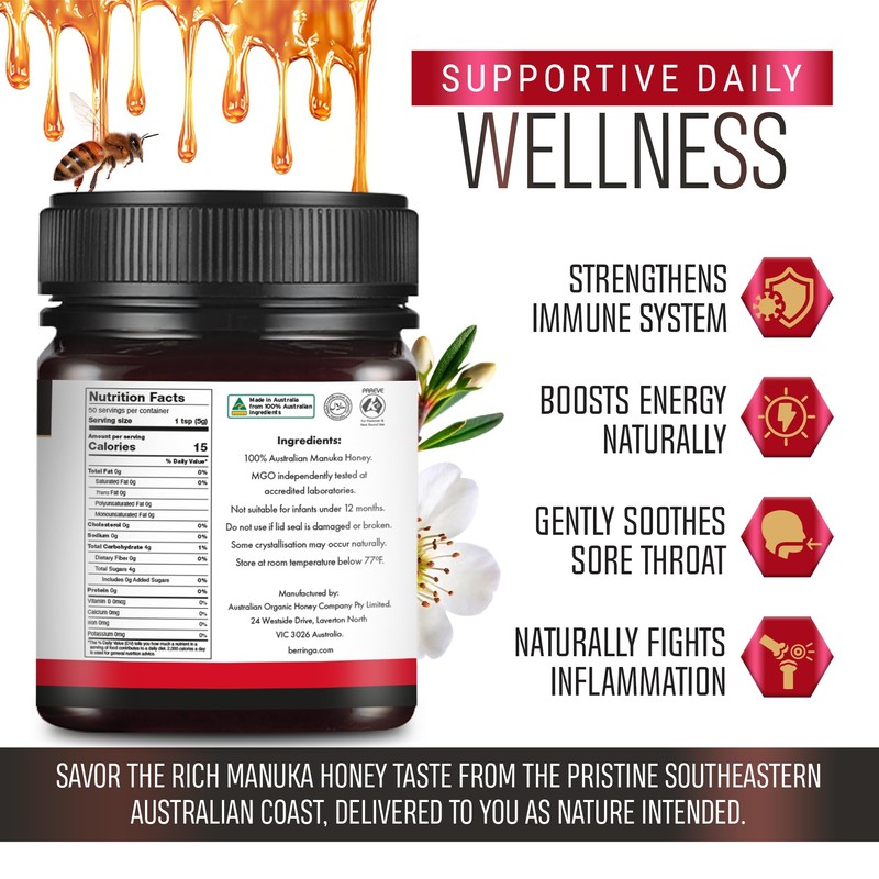 Berringa Manuka Honey Organic MGO 400+ High Strength, Supports General