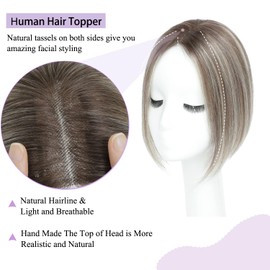 Hair Toppers for Thinning Hair Women Real Hair Human Hair Topper Adding Extra Hair Volume Swiss Base Hair Topper 10inch (Ombre Brown with Blonde Highlight)