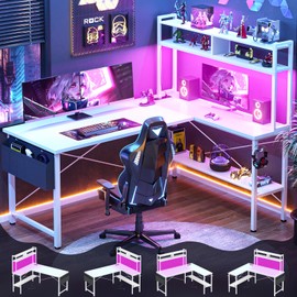 Aheaplus L Shaped Gaming Desk, 59" L Shaped Computer Desk with LED Light & Power Outlet, Reversible Home Office Desk Gamer Desks with Shelves & Storage Bag & Hooks, Corner PC Desk, White