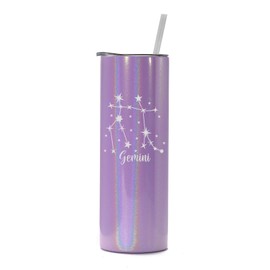 20 oz Skinny Tall Tumbler Stainless Steel Vacuum Insulated Travel Mug Cup With Straw Star Zodiac Horoscope Constellation (Purple Iridescent Glitter) (Gemini)