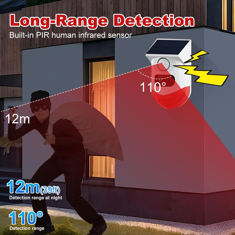 Solar Sound & Strobe Light Alarm with Motion Detector and