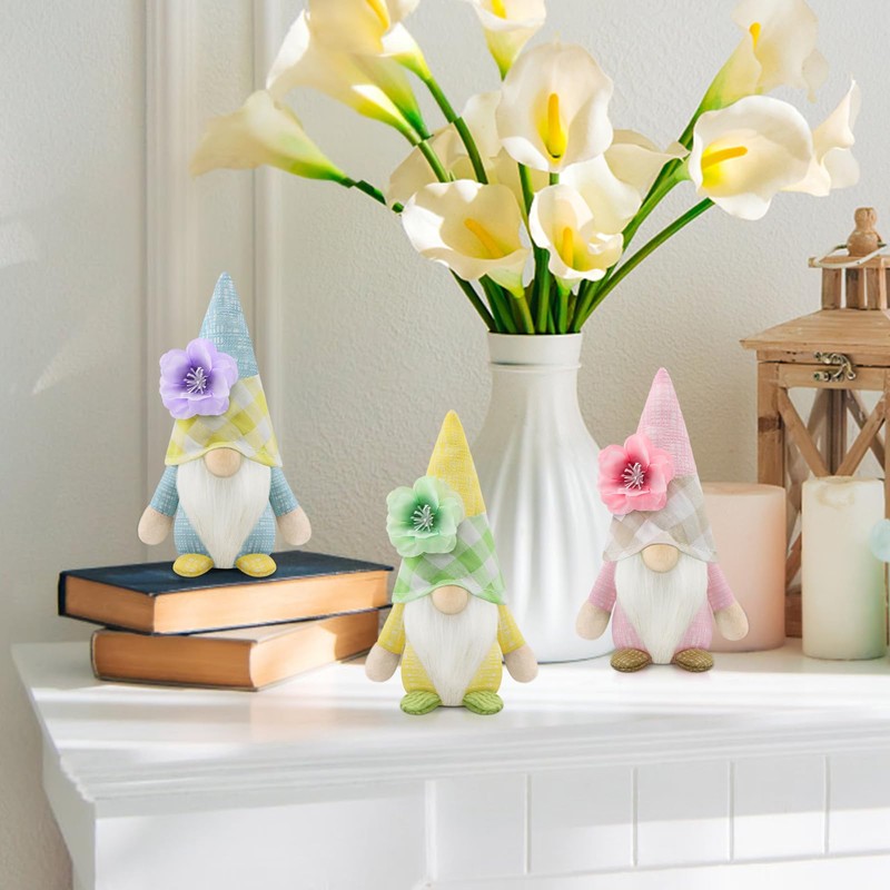 Gehydy Decorative Spring Gnome Figures, Set of 3, Flowers, Spring