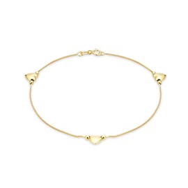 CARISSIMA Gold Women's 9 ct Yellow Gold Three Heart Charm Box Chain Bracelet of Length 18 cm/7 Inch