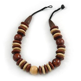 Avalaya Statement Brown/Natural Round and Button Wood Bead Necklace - 56cm L