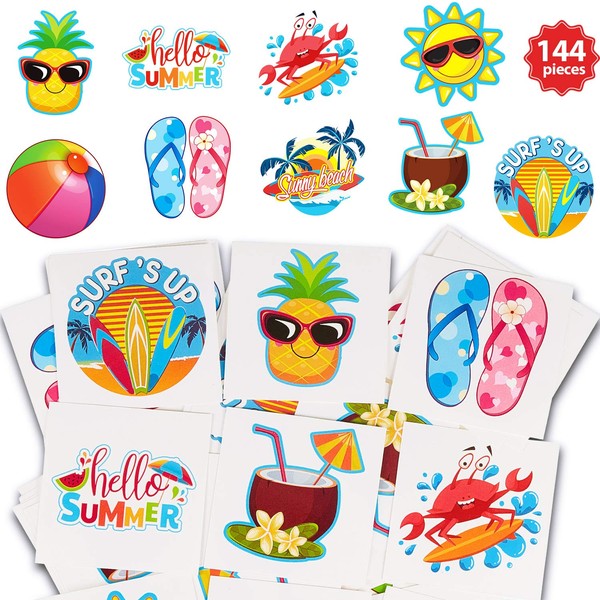 Patelai 144 Pieces Kids Tattoo Summer Party Tattoo Hawaiian Luau Themed Tattoos Tropical Beach Tattoos Waterproof Temporary Tattoos Stickers Party Decoration Supplies for Adults, 9 Styles