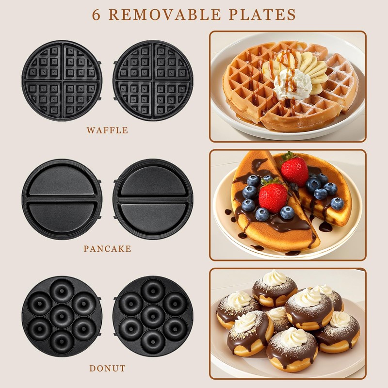 Mini Waffles Maker with 6 Removable Plates, 3 in 1