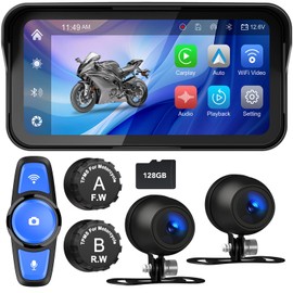 Tenbaba 6.25" Motorcycle CarPlay& Android Auto, Motorcycle Dash Cam, Motorbike TPMS, Motorbike GPS Navigation System, IP67 Waterproof, Remote Control, Support Siri, Free 128G SD Card Loop Recording