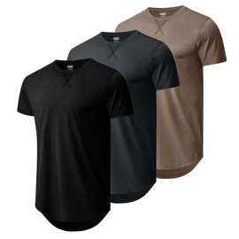 Mens 3 Pack Cotton Hipster Longline T Shirts Curved Hem Plain Hip Hop Short Sleeve Tee Fitted Casual Drop Cuts Crewneck(BKDGKA 2XL)