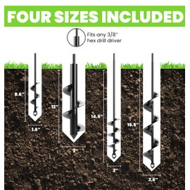 K-Brands Auger Drill Bit for Planting 4 Pack – Garden Spiral Hole Drill and Bulb Planter Tool - Bedding Plants, Umbrella Holes – for 3/8 Inch Hex Drive Drill