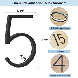 YWONOBS Door Numbers, 5 Inches 3D Self Adhesive House Numbers, Address Numbers，Mailbox Number Stickers for House Mailbox Apartment Hotel Courtyard Black(5)