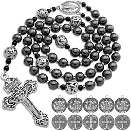 Aswitnove 8mm Hematite Rosary Beads Catholic for Men, Obsidian Rosary Necklace for Men with Jesus Christ Crucifix 10 St Benedict Medals Rosarios Catolicos Religious Black Rosary Amulet Gifts B Silver