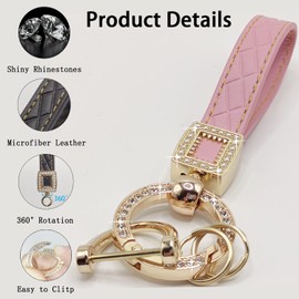 Daemson Microfiber Leather Car Keychain, Bling Diamond Keychains for Women, Car Key Fob Holder with 360 Degree Rotatable, Pink, Pink