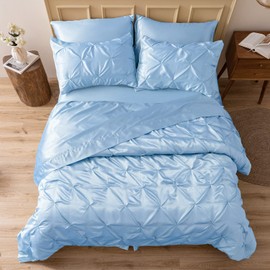 MR&HM Satin Comforter Full 7 Pieces - Luxurious Pinch Pleat Bedding Set with Comforter, Flat Sheet, Fitted Sheet, Pillowcases & Shams, Super Silky Soft Bed Set for All Season (Full, Light Blue)