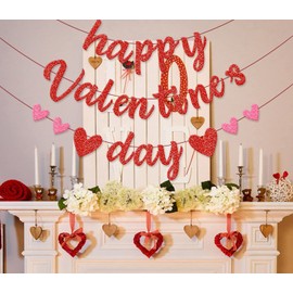 Happy Valentines Day Banner, Valentines Day Decorations, Red Pink Glitter Heart Valentines Day Decorations, Valentines Banner, Valentines Day Banner for Valentines Decorations