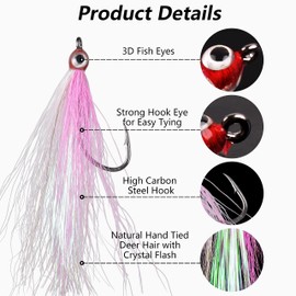 Clouser Minnow Fishing Flies, 10Pcs Streamer Fly Fishing Lure Hand Tied Flies Fishing Teaser Hook Lures for Flounder Salmon Trout Sea Bass Steelhead, Pink White