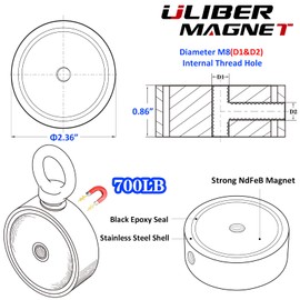 ULIBERMAGNET 700LB Double Sided Fishing Magnet Kit, Strong N52 Neodymium Magnets with Rope, Underwater for Discovering Treasure,Searching Detecting