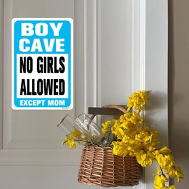 8"x12" Aluminum Sign, Boy Cave Signs No Girls Allowed Except Mom Sign, Blue Metal Sign for Little Man Cave Bedroom Living Room Wall Decor