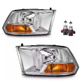 karsparehub For 2009-2012 Dodge Ram 1500 2500 3500 Chrome Headlights with Bulbs Left+Right