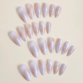 MERVF Almond Press on Nails Medium Fake Nails Press ons Blue Glue on Nails with Marble Design Stiletto Acrylic Nails Glossy 24pcs False Nails