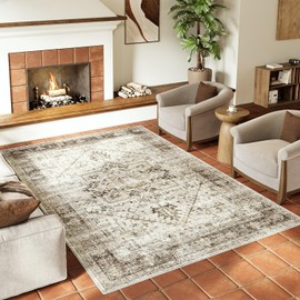 COSOSA Vintage Traditional Area Rug - 9x12 Large Washable Low Pile Non-Slip Tufted Carpet for Living Room Bedroom, Indoor Home Decor Floor Covering Mat, Light Brown