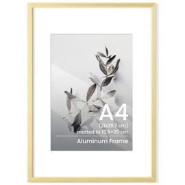 A4 Picture Frame, Gold Aluminum A4(21x 30 cm) Certificates Documents Frames, A4 Picture Frame with Mount for A5 Prints, A4 Poster Frames with Tempered Glass for Vertical & Horizontal Wall Hanging