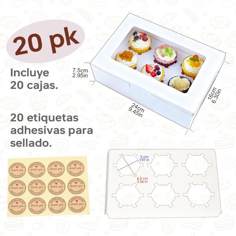 20 Cajas para Postres Blancas con Ventana, Cajas de Panadería