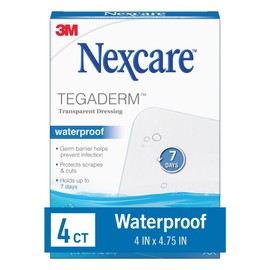 Nexcare Tegaderm Waterproof Transparent Dressing 4″ x 4¾″ – 4 Count Film Bandage for Wound Care, Seals Out Water, Dirt & Germs, Stays on Up to 7 Days