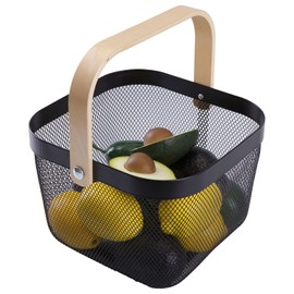 IBWell Square Metal Wire Woven Fruit Storage Bowl Basket with Wooden Handle, Large Black Mesh Fruit Stand, Multi-function Hanging Kitchen Baskets (Black, Normal)