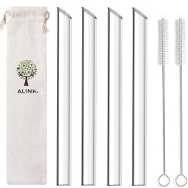 ALINK Reusable Glass Boba Straws, 14mm Extra Wide Clear Smoothie Straws for Bubble Tea, Pack of 4 with 1 Case and 2 Brush