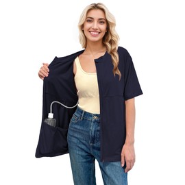 RAGEMALL Post Mastectomy Shirts with Drain Pockets Surgery Recovery Must Haves Clothing Comfy Front Zip Up Short Sleeve Tops Navy Blue XL