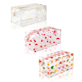 flintronic 3 Pcs Clear Pencil Case Large Pen Bag,Transparent Cosmestic Makeup Bags,PVC Pencil Case Stationery Pouch,Cute Heart Daisy Sunflower Pattern Bags,for Women and Girls