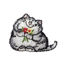 Wholesale Applique Gray Kitty Cat with Red & Yellow Flowers, Pets, Embroidered, Iron on Patch