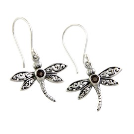 NOVICA Artisan Handmade Smoky Quartz Dangle Earrings Sterling Silver Brown Indonesia Good Luck Dragonfly [1.3 in L x 0.9 in W x 0.1 in D] ' Enchanted Dragonfly'