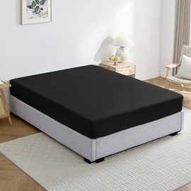 JELLYMONI - Sábana bajera ajustable de algodón Queen, color negro puro, 1 pieza de fácil ajuste de 16 pulgadas de profundidad, sábana de cama sólida, 100% algodón lavado, suave, transpirable,
