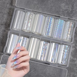 12 Rolls Clear Nail Foils Transfer Nail Art Aurora Fragment Foil Transfer for Nails, Laser Glass Foil Nails Art Holographic Nailes Foils Stickers for Manicure Design for DIY Decoration