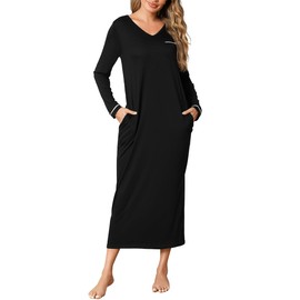 Leversic Women Long Sleeve Nighties Long Nightgown Front Chest Pocket V Neck Cotton Nightdress Home Nightwear for Lounge(Black,XXL)