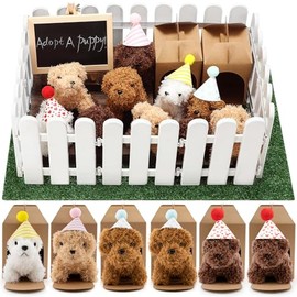 Rigibright 56 piezas de regalos de fiesta de adoptar un cachorro, set de animales de peluche mini suaves incluye 14 perros mini, sombreros de cumpleaños, cerca plástica blanca con césped artificial