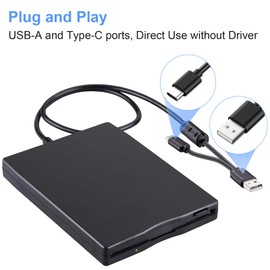 Tendak Floppy Disk Reader, 3.5 inch External USB & Type-C 1.44MB FDD Floppy Disk Drive for Windows 11/10/8/7/2000/XP, Vista, PC, Laptop and Desktop, Plug and Play, Black