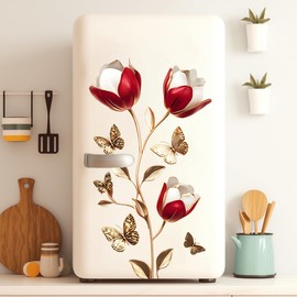 3D Wall Stickers DIY Wall Decal Removable Waterproof Wall Art Decor for Bedroom Living Room Offices Home Decoration Cabinet Door Sticker Red Flower Butterflies