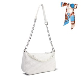 Right 20 Women's Handbag Small White Mini Shoulder Bag with Pearl Chain White Shoulder Bag Woman Vintage Handbag Clutch Purse Messenger Bag, White, vintage