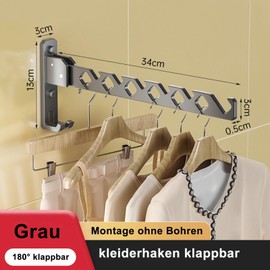 VOCIBO® Clothes Rail Wall Mounted, Clothes Hook, Foldable Wall Clothes Rack, Wall Hook, Folding Hook, Aluminium for Balcony, Bathroom, Laundry Room, 180° Foldable, Grey