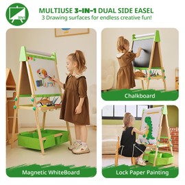 Adjustable Kids Art Easel – 3-in-1 Magnetic Whiteboard, Chalkboard & Paper Roll | Wooden Dual-Sided Art Station for Toddlers 3+ with Art Supplies