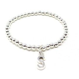 Silver Colour Beaded Stackable Stretch Ladies Girls Bracelet With Letter Charm