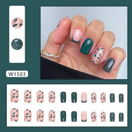 Short Flower Press on Nails Square Green Fake Nails with Floral Design Glossy Spring False Nails Green French Gel Acrylic Nails Tips Full Cover Glue on Nails Fall Stick on Nails for Women 24Pcs