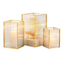 Hewory Gold Hurricane Candle Holder: 3PCS Ribbed Hurricane Glass Candle Holders for Pillar Candles, Square Pillar Candle Holders for Table Centerpiece Wedding Christmas, Home Decor for Kitchen Patio