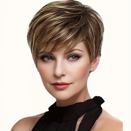KUSPOAL High light Brown Classic Bob Wigs for Women, Short Straight Honey Blonde Wig with Side Part Dark Root Natural Synthetic Wig